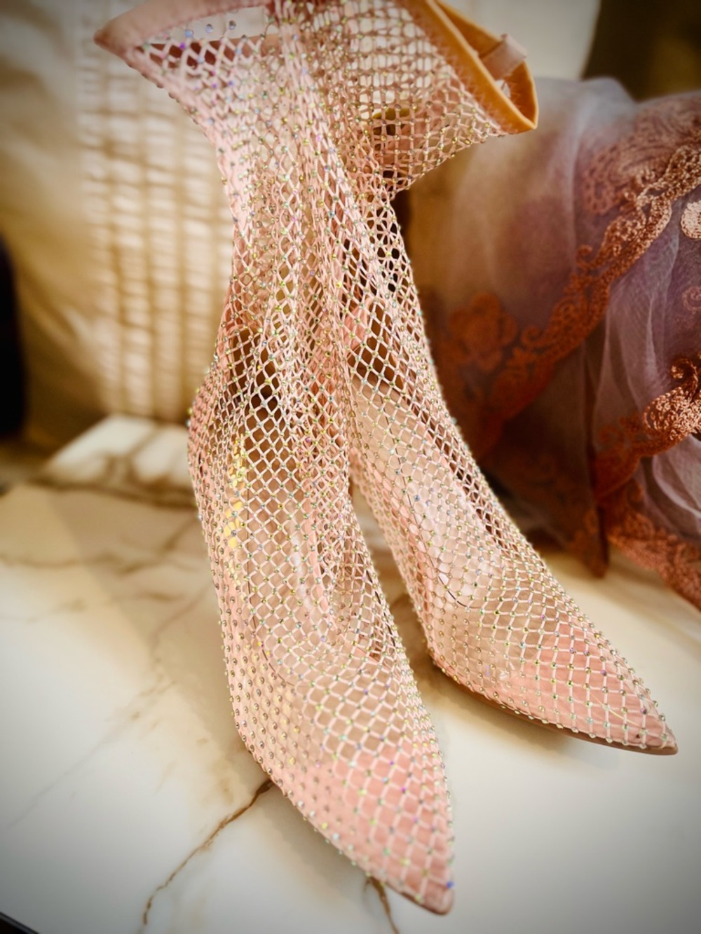 KRISTAL BABY PINK DIAMANTE FISHNET HEELS 🧚🏼‍♀️